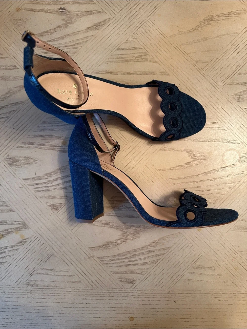 kate spade denim scalloped ankle-strap block heels